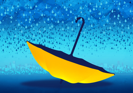 Cartoony Skyline Background with yellow umbbrella and rain_ 02の写真素材