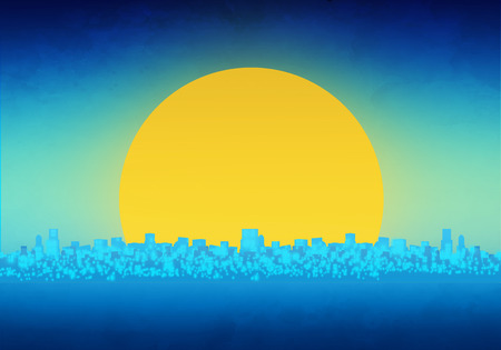 Cartoony Skyline Background with sunsetの写真素材