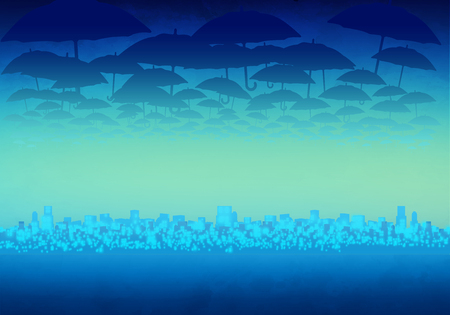 Cartoony Skyline Background with clouds and umbrellasの写真素材