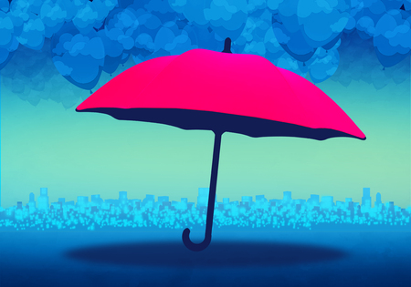 Cartoony Skyline Background with pink umbbrella and cloudsの写真素材