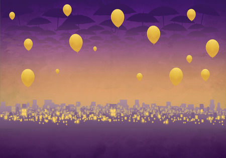 Cartoony Skyline Background at sunset with clouds, umbrellas and yellow balloonsの写真素材