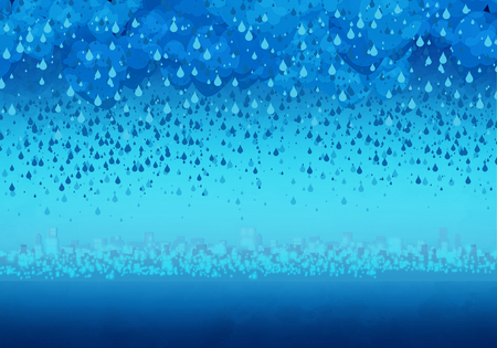 Cartoony Skyline Background with raining cloudsの写真素材