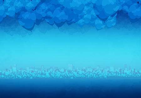 Cartoony Skyline Background with cloudsの写真素材