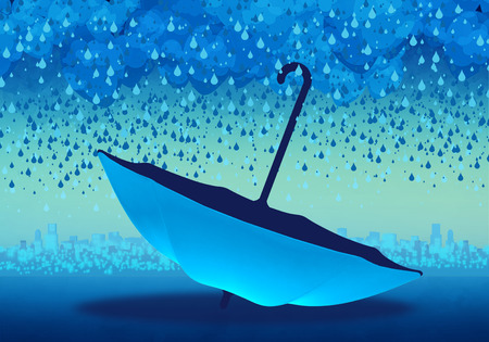 Cartoony Skyline Background with blue umbbrella and rainの写真素材