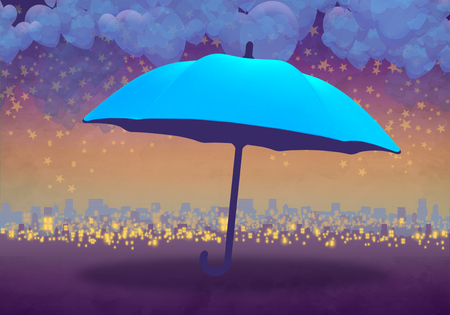 Cartoony Skyline Background at sunset with clouds, stars and blue umbrellaの写真素材