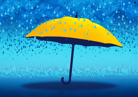 Cartoony Skyline Background with yellow umbbrella and rainの写真素材