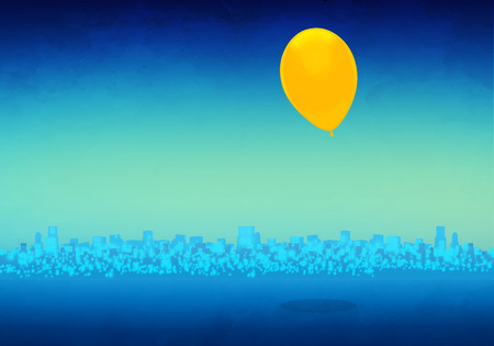 Cartoony Skyline Background with yellow balloonの写真素材