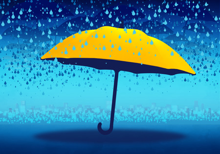 Cartoony Skyline Background with yellow umbbrella and rainの写真素材