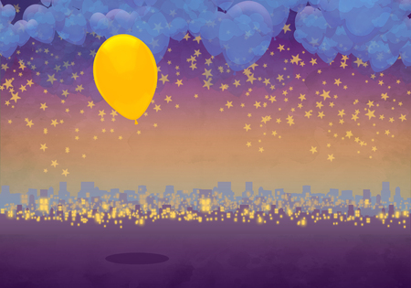 Cartoony Skyline Background at sunset with clouds, stars and yellow balloonの写真素材