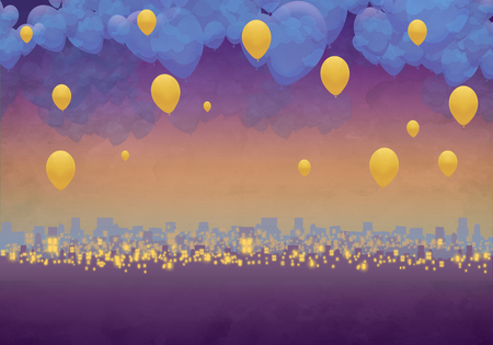 Cartoony Skyline Background at sunset, clouds and yellow balloonsの写真素材