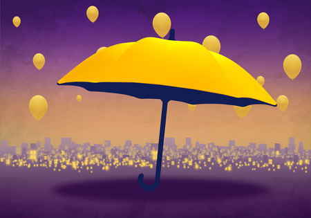 Cartoony Skyline Background at sunset with yellow umbrella and yellow balloonsの写真素材