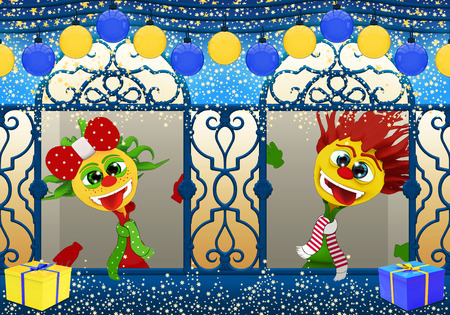 Cartoony boy and girl,Happy New Year in blue and yellowの写真素材