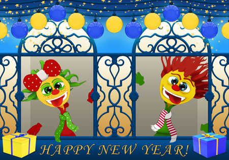 Cartoony boy and girl,Happy New Year in blue and yellowの写真素材