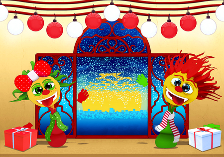 Cartoony boy and girl,Happy New Year in red, white  and yellowの写真素材