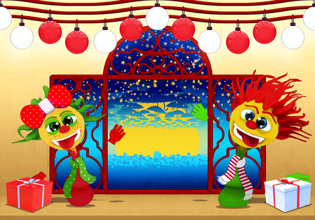 Cartoony boy and girl,Happy New Year in red, white  and yellowの写真素材