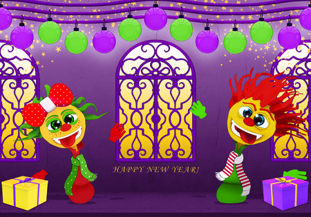 Cartoony boy and girl,Happy New Year in purple and yellowの写真素材