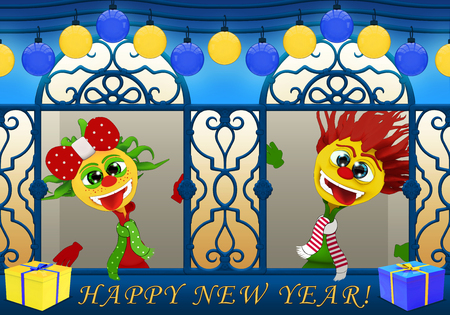 Cartoony boy and girl,Happy New Year in blue and yellowの写真素材