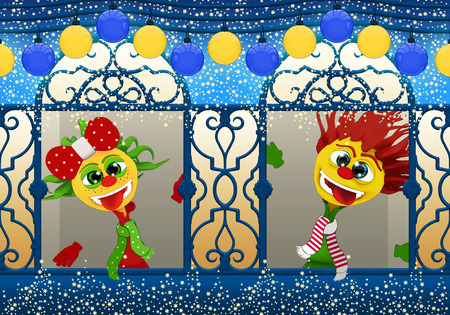 Cartoony boy and girl,Happy New Year in blue and yellowの写真素材