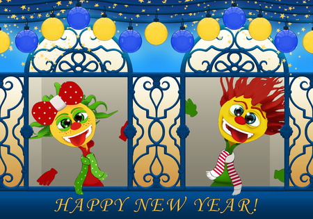 Cartoony boy and girl,Happy New Year in blue and yellowの写真素材