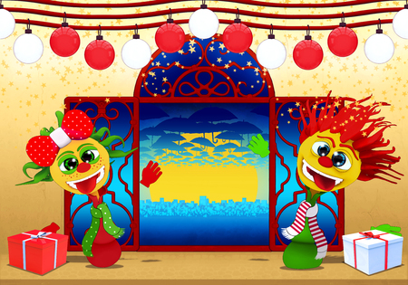 Cartoony boy and girl,Happy New Year in red, white  and yellowの写真素材
