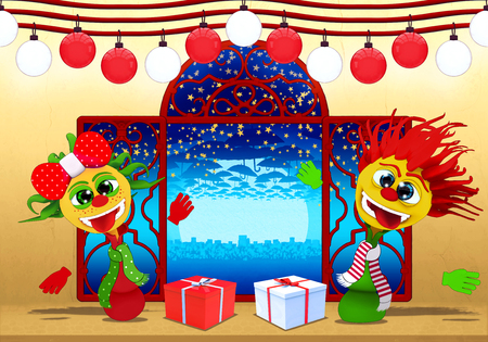 Cartoony boy and girl,Happy New Year in red, white  and yellowの写真素材