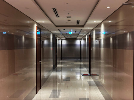 Contemporary hallway with polished marble walls and ceiling lighting. Concept of business, real...