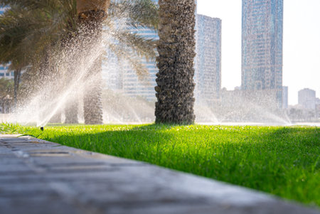 Automated sprinkler system watering palm trees and grass in a modern city park. Represents...