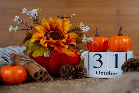 Seasonal decor with pumpkins, orange flowers, rustic props, and October 31 wooden block calendar,...