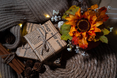 Vintage letters, autumn flowers and rustic mat. Cozy hygge vibes and seasonal decor.の写真素材