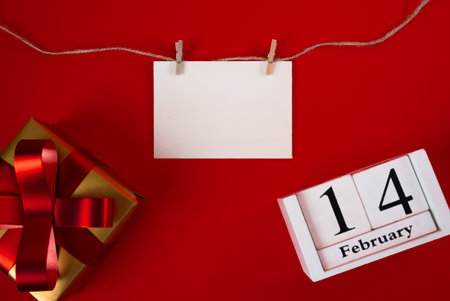 Valentines Day scene with hanging card, red gift and calendar showing 14 February. Love holiday concept.の写真素材