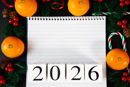 Notepad with 2026 surrounded by tangerines, Christmas candy, and festive decorations. Perfect for New Year or holiday greeting design.の写真素材