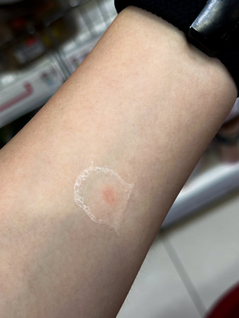 Close-up of a forearm showing redness and allergy marks. Useful for healthcare, dermatology, and...