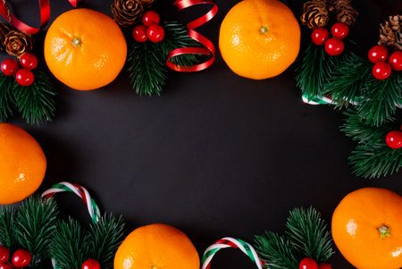 Natural Christmas decoration with oranges, pine branches, and red berries on black background. Warm festive atmosphere.の写真素材