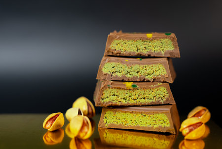 Tower of pistachio chocolate bars with nuts around, perfect for sweet product advertising, packaging, or social media campaigns.の写真素材