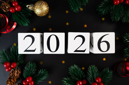 Number 2026 made of cubes and Christmas decor on black backgroundの写真素材