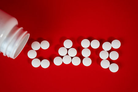 Word CARE made from white pills on vibrant red background, representing healthcare, treatment, pharmacy, and medical support concept.の写真素材