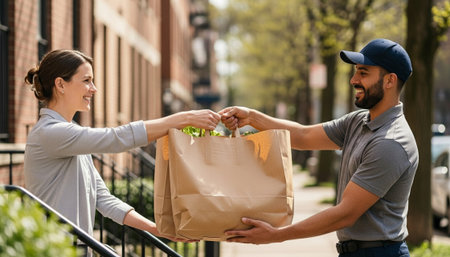 A delivery man in a branded uniform hands eco-friendly grocery bags to a smiling customer on a sunny day. The urban residential backdrop and friendly service create the perfect food delivery scene.の素材