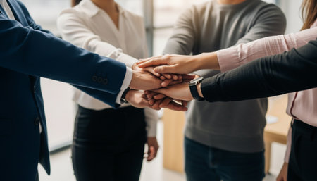 A close-up shot of hands from diverse team members joining together in a circle, symbolizing unity and collaboration in the workplace. The soft natural light creates a warm, motivational atmosphere, ideal for HR and leadership themes.の素材