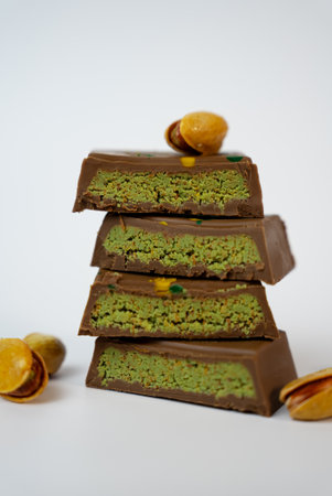 Vertical stack of chocolate bars with pistachio filling and whole nuts on top. Stylish food photography for dessert and snack themes.の写真素材