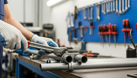 Maintenance technician working with metal pipes using professional tools, industrial workshop background, no face visible, clean lighting, high-detail realism, engineering concept.の素材