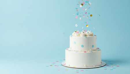 White Cream Cake with Falling Confetti on Pastel Blue Background, Clean Commercial Style. High quality photoの素材
