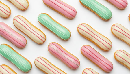 Pastel pink, mint, and vanilla eclairs arranged in a precise geometric pattern on a clean minimal background. Modern bakery style with ultra-clean composition, perfect for gourmet branding. High quality photoの素材