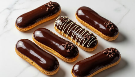 Top-down shot of premium chocolate eclairs with glossy glaze arranged on a marble surface. Soft studio lighting and high-detail composition create an elegant dessert aesthetic for gourmet branding. High quality photoの素材