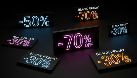 Sleek and high-contrast design with glowing percentage signs for Black Friday sales. Elegant black matte background with a modern touch. Ideal for high-end retail promotions and luxury offers. High quality photoの素材