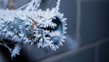 Close-up of Frozen Metal Pipe with Ice Crystals. Frost Leak and Winter Plumbing Problem. High quality photoの素材