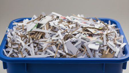 High-resolution close-up of shredded paper in a recycling container, clean studio lighting, no branding. Perfect for recycling, sustainability, environmental campaigns, or eco-friendly initiatives. High quality photoの素材