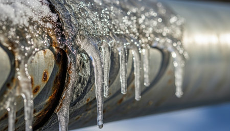 Close-up of icicles forming on an exterior water pipe in winter, highlighting a maintenance issue. Macro shot with high detail, emphasizing frozen pipes, winter weather, and plumbing challenges. High quality photoの素材