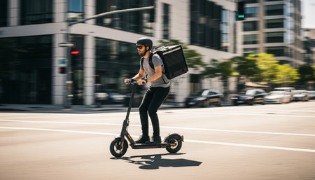 A dynamic young courier rides an electric scooter through a bustling city street, wearing a delivery backpack. The motion blur effect and sunny daylight emphasize fast delivery in a modern urban environment.の素材