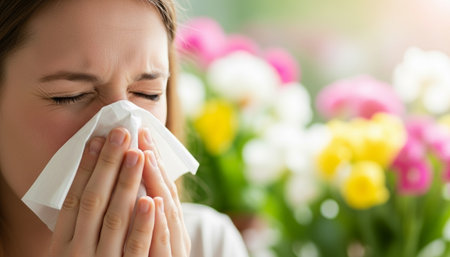 A person sneezing into a tissue, with blooming flowers blurred in the background and bright natural light. Ideal for topics on seasonal allergies, colds, or general health and wellness. High quality photoの素材