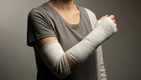 A woman with her arm wrapped in a medical bandage, wearing neutral clothes, soft studio lighting. Perfect for topics on injury recovery, rehabilitation, or medical care for injuries. High quality photoの素材